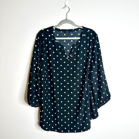 Talbots Black White Polka Dot Flowy V-Neck Blouse Balloon 3/4 Sleeve Sz 2X - Picture 1 of 4